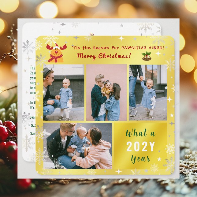 Cartes Pour Fêtes Annuelles Funny Rudolph 4 Photos Collage Mignonne Élégant (Elegant Golden Cute Funny Pawsitive Vibes Rudolph Merry Christmas 4 Photos What a Year Snowflakes)