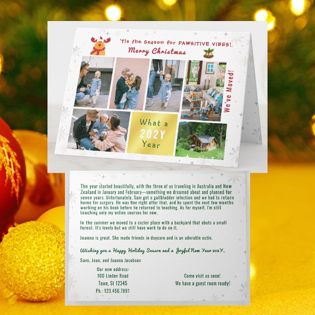 Cartes Pour Fêtes Annuelles Funny Rudolph 7 Photos Collage Nous avons déplacé  (Funny Rudolph Christmas card, pawsitive humor. 6 Photos. We've moved letter. Elegant, modern. Snow)