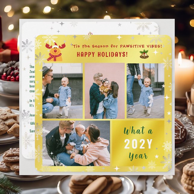 Cartes Pour Fêtes Annuelles Funny Rudolph Joyeuses Vacances Mignonnes Golden 4 (Cute Funny Elegant Rudolph 'Tis the Season Pawsitive Vibes Happy Holidays 4 Photos Snowflakes Golden)