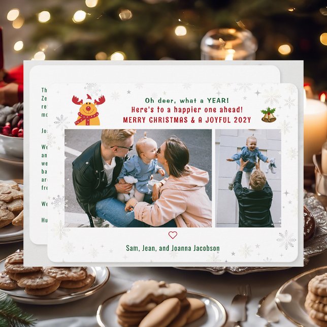 Cartes Pour Fêtes Annuelles Funny Rudolph Oh Deer Joyeux Noël Photos mignonnes (Cute Funny Modern Oh Deer What a Year Rudolph Snow Merry Christmas Joyful New Year 2 Photos Letter)