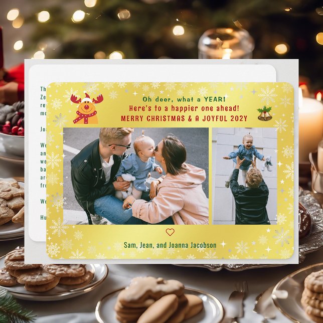 Cartes Pour Fêtes Annuelles Funny Rudolph Oh Deer Merry Xmas 2 Photos Golden (Cute Funny Modern Oh Deer What a Year Rudolph Snow Merry Xmas Joyful New Year 2 Photos Letter Golden)