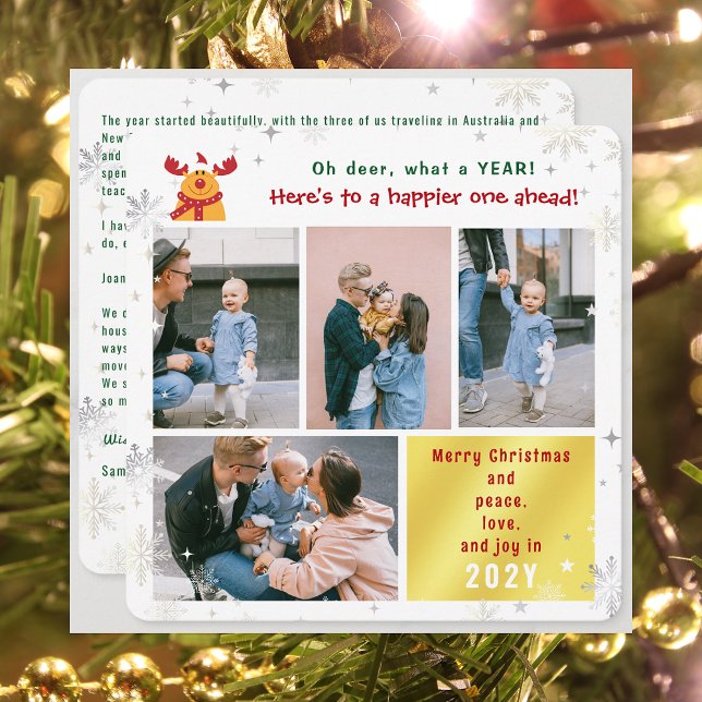 Cartes Pour Fêtes Annuelles Funny Rudolph Oh Deer Peace Love Joy Golden Photo (Funny Cute Rudolph Oh Deer What a Year Merry Christmas Happy New Year 4 Photos Letter Elegant Golden)