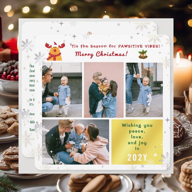 Cartes Pour Fêtes Annuelles Funny Rudolph Peace Love Joy Modern Photo Collage (Cute Funny Elegant Rudolph 'Tis the Season for Pawsitive Merry Christmas 4 Photos Snowflakes Letter)