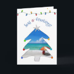 Cartes Pour Fêtes Annuelles Funny Seas and Greetings Photo Beach Christmas Hol<br><div class="desc">Wish them Seasons Greetings this holiday season with this funny and cute photo beach Christmas card with the greeting, "Seas & Greetings" in arched font featuring a white sandy beach, red beach umbrella, and seascape inside of a whimsical Christmas tree! Inside of the card features your photo, and the message,...</div>