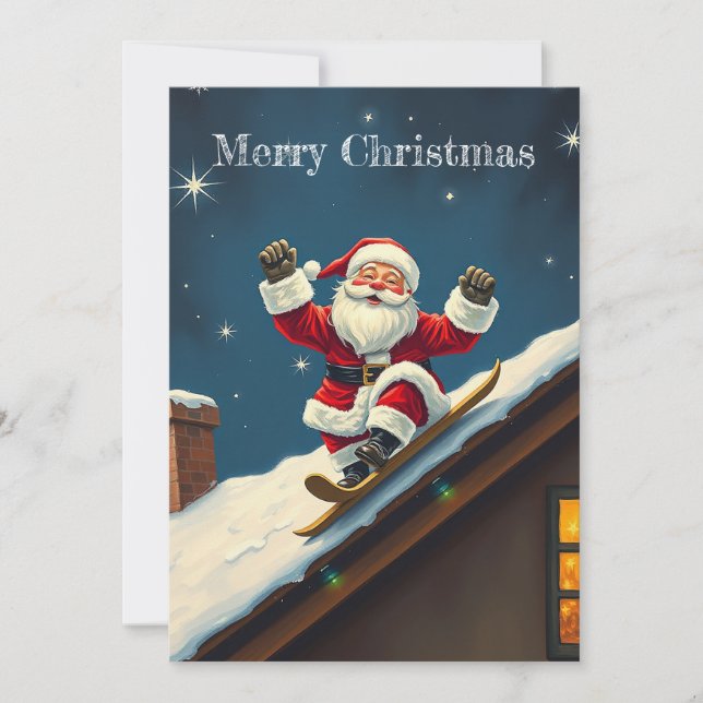 Cartes Pour Fêtes Annuelles Funny Ski Rouge Joyeux Noël Père Noël (Devant)