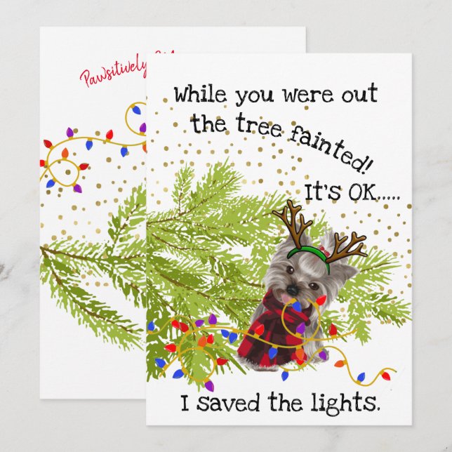 Cartes Pour Fêtes Annuelles Funny Yorkshire Terrier a sauvé les lumières Noël (Devant / Derrière)