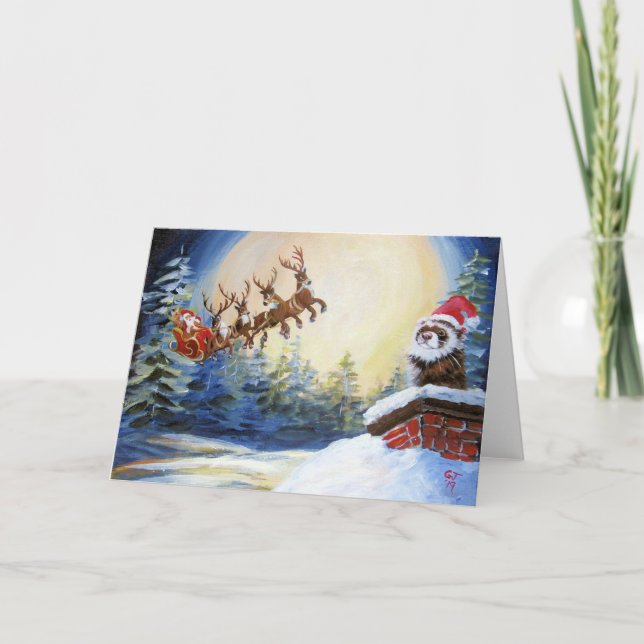 Cartes Pour Fêtes Annuelles Furet et Père Noël avec son traîneau (Devant)