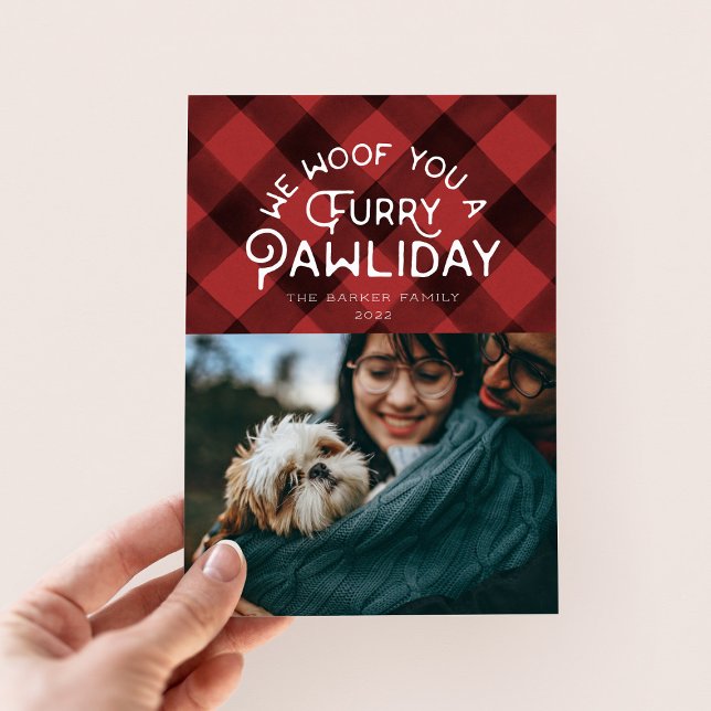 Cartes Pour Fêtes Annuelles Furry Pawliday | Pet Photo Red Buffalo Check (Créateur téléchargé)