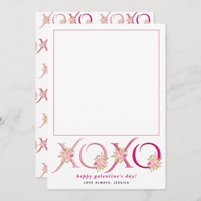 Cartes Pour Fêtes Annuelles Fushia floral XOXO Galentines Day cœur photo (Devant / Derrière)