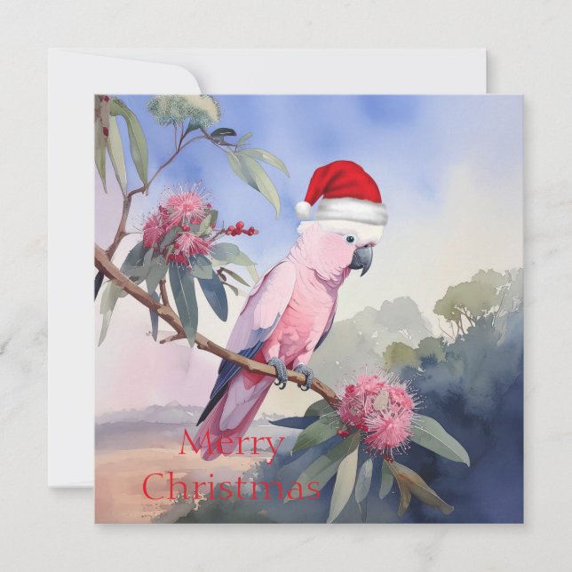 Cartes Pour Fêtes Annuelles Gala de Cockatoès rose Santa Hat Joyeux Noël (Devant)
