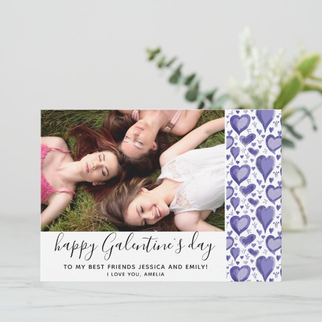 Cartes Pour Fêtes Annuelles Galentine`s Day Purple Heart Dessin Ami Photo (Debout devant)