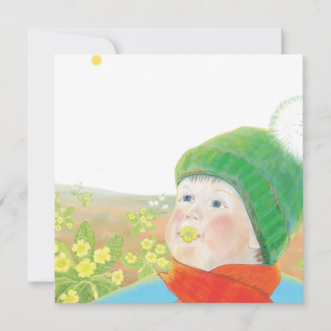 Cartes Pour Fêtes Annuelles Garçon avec Primroses sauvages (Devant)
