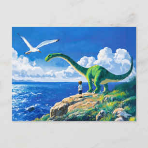 Cartes Pour Fêtes Annuelles Garçon d'anime et Brachiosaurus surplombant la mer