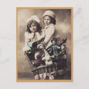 Cartes Pour Fêtes Annuelles Garçon et fille avec le panier de Noël de jouets v