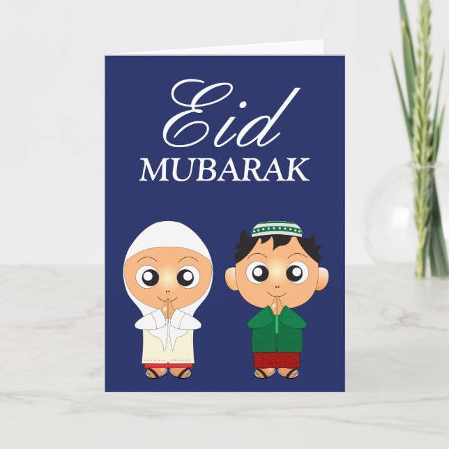 Cartes Pour Fêtes Annuelles Garçon et fille musulmans mignons Eid Mubarak (Devant)