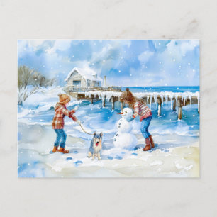 Cartes Pour Fêtes Annuelles Garçon fille et chien jouant sur la plage d'hiver