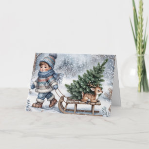 Cartes Pour Fêtes Annuelles Garçon Tirant Un Motoneige Ancien