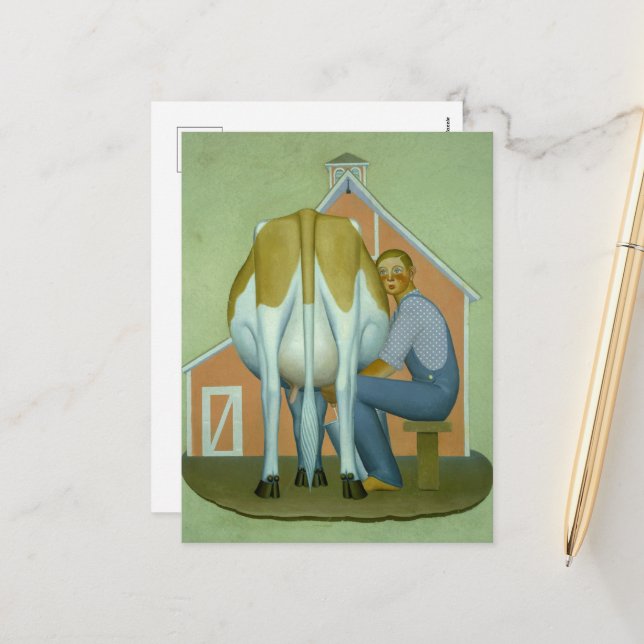 Cartes Pour Fêtes Annuelles Garçon trayant une vache par Grant Wood (Devant/Arrière en situation)