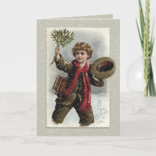 Cartes Pour Fêtes Annuelles Garçon vintage en neige avec joyeux voeux de Noël