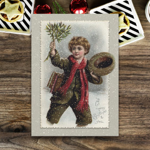 Cartes Pour Fêtes Annuelles Garçon vintage en neige avec joyeux voeux de Noël