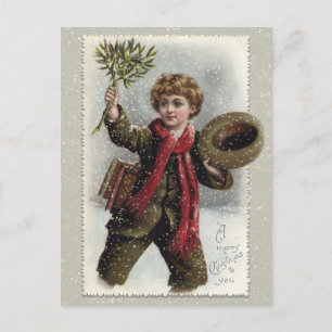 Cartes Pour Fêtes Annuelles Garçon vintage en neige avec joyeux voeux de Noël