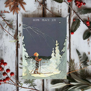 Cartes Pour Fêtes Annuelles Garçon vintage en ski Admirant le Christmas Star