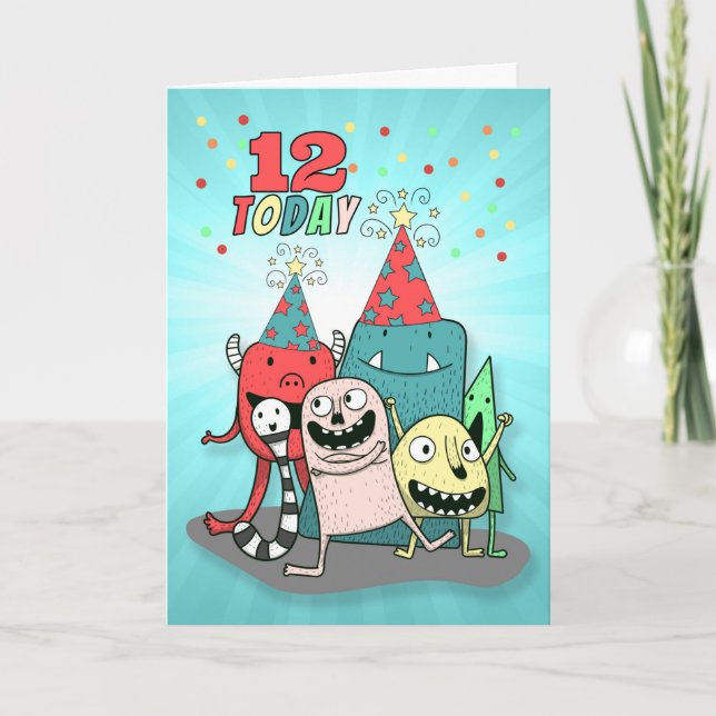 Cartes Pour Fêtes Annuelles Garçons 12e anniversaire Monstres de dessin animé  (Devant)
