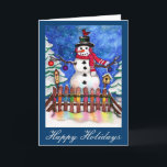 Cartes Pour Fêtes Annuelles Garden Snowman<br><div class="desc">Couleur d'eau originale de Sandra Gale d'un heureux bonhomme de neige dans un jardin d'hiver couvert de neige. Un design idéal pour les jardiniers,  les enfants,  les mamans et tous ceux qui aiment les bonhommes de neige et les scènes de jardin de campagne.</div>