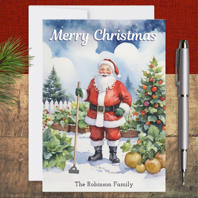 Cartes Pour Fêtes Annuelles Gardening Santa Merry Christmas Vegetable Garden (A gardening themed Christmas card, with picture of Santa in a snowy garden in a watercolor style)