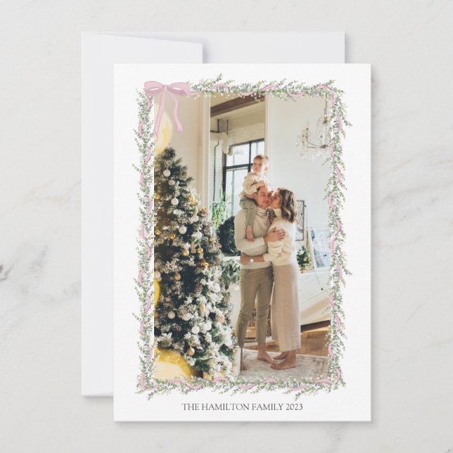 Cartes Pour Fêtes Annuelles Garland rose avec message Photo de Noël (Devant)