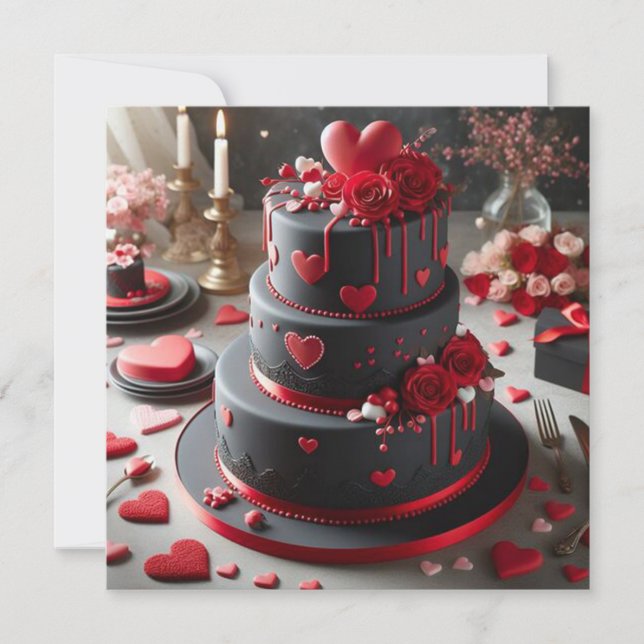Cartes Pour Fêtes Annuelles Gâteau de Saint-Valentin noir et rouge élégant (Devant)