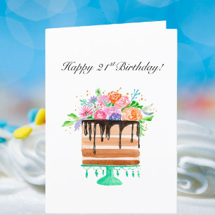 Cartes Pour Fêtes Annuelles Gâteau floral aquarelle Joyeux 21e anniversaire