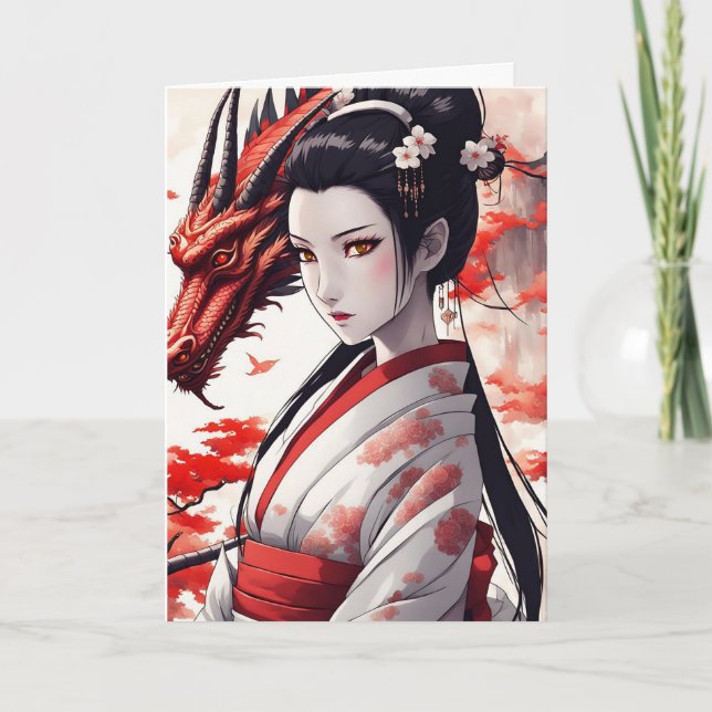 Cartes Pour Fêtes Annuelles Geisha avec Dragon Nouvel An Chinois 2024 (Devant)