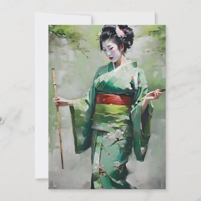 Cartes Pour Fêtes Annuelles Geisha japonais en vert B (Devant)