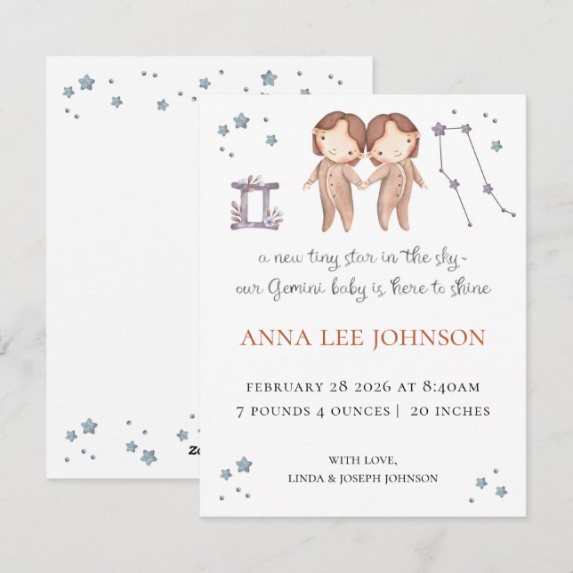Cartes Pour Fêtes Annuelles Gemini Zodiac Birth Announcement (Devant / Derrière)