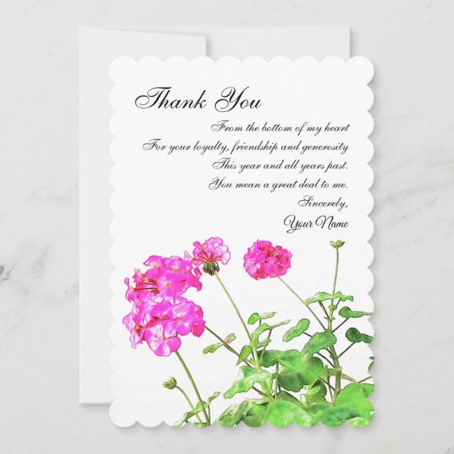 Cartes Pour Fêtes Annuelles Geraniums, Merci Note Pour Les Clients (Devant)