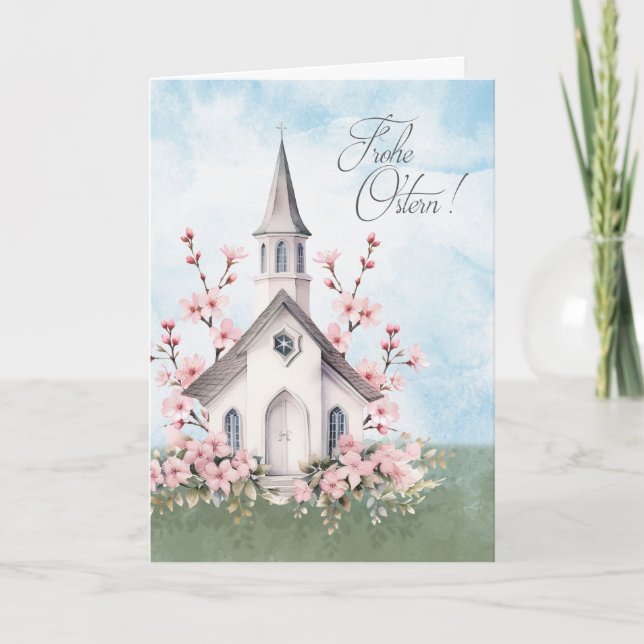 Cartes Pour Fêtes Annuelles German Easter Frohe Ostern Church Pink Blossoms (Devant)