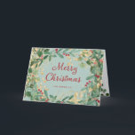 Cartes Pour Fêtes Annuelles Gilded Greenery | Joyeux Noël<br><div class="desc">Cette élégante carte de vœux de Noël présente une couronne encadrée de feuilles et de baies aquarelles modernes vertes,  rouges et dorées avec une typographie script tendance rouge sur un fond vert clair.</div>