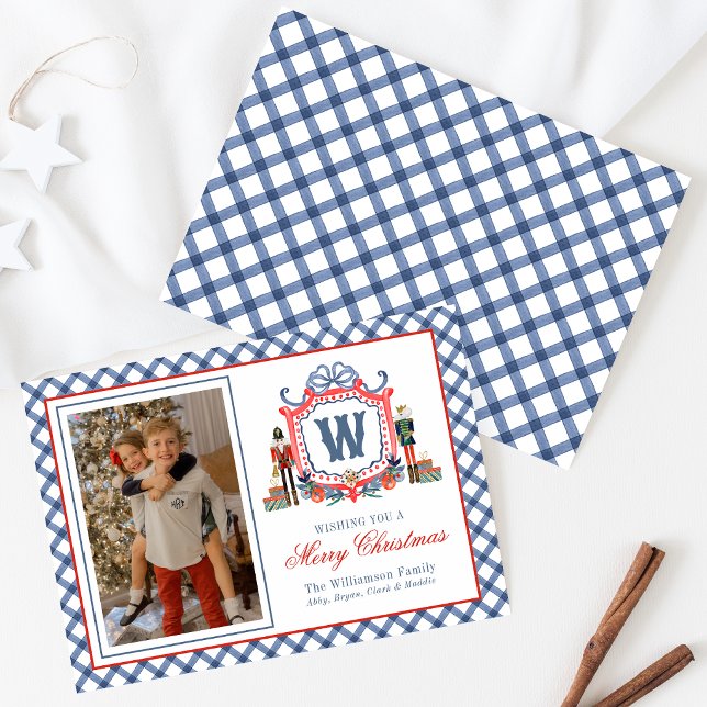 Cartes Pour Fêtes Annuelles Gingham à l'aquarelle écusson de monogramme de sou (Créateur téléchargé)