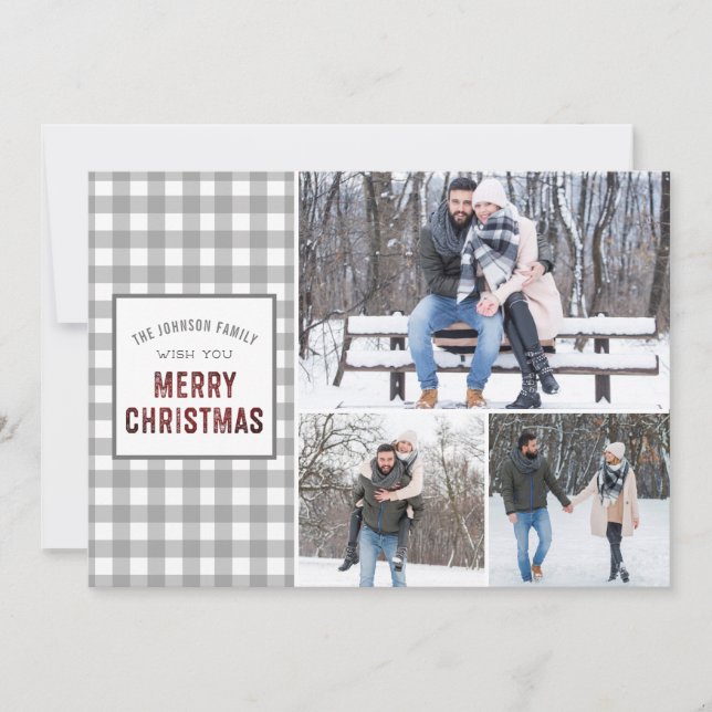 Cartes Pour Fêtes Annuelles Gingham Gris Rustique Joyeux Noël (Devant)