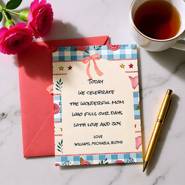 Cartes Pour Fêtes Annuelles Gingham Rose Fleurie (Créateur téléchargé)
