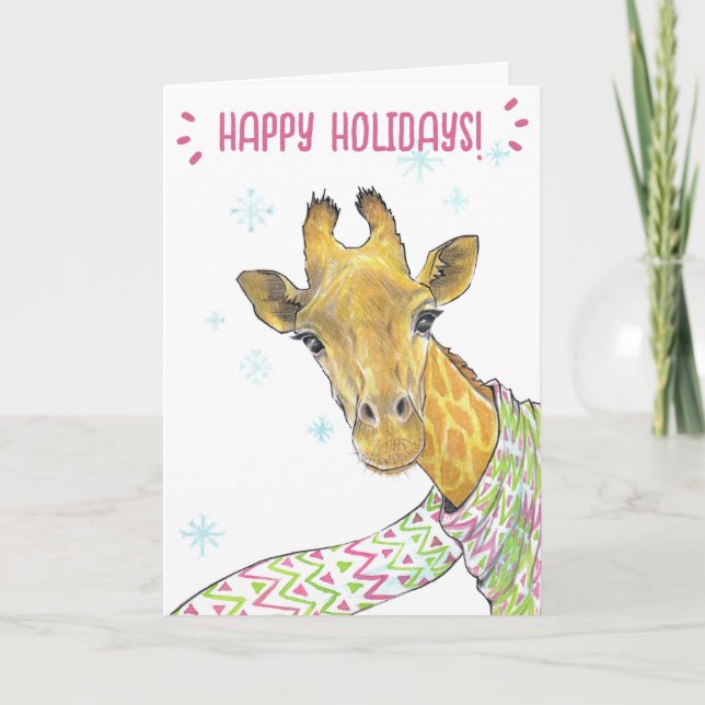 Cartes Pour Fêtes Annuelles Girafe avec écharpe de Noël Art d'animal amusant e (Devant)