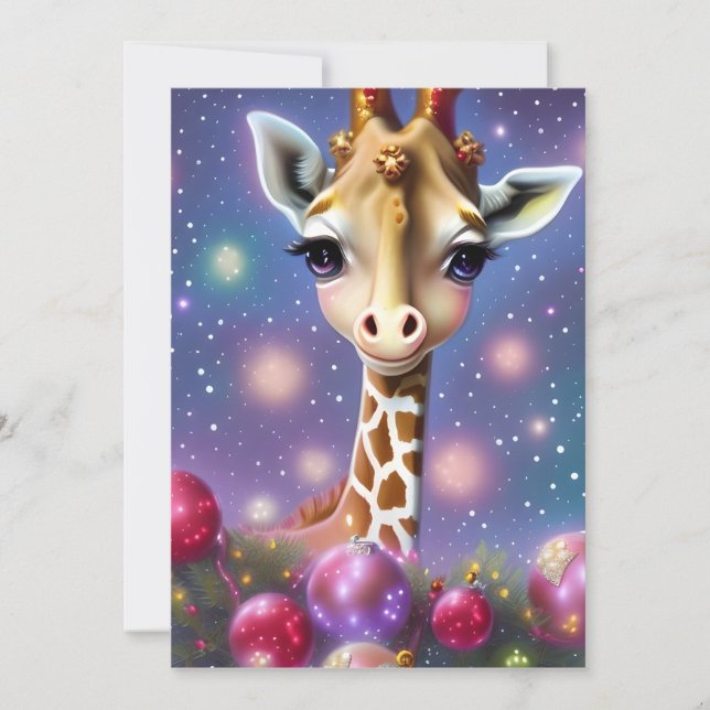 Cartes Pour Fêtes Annuelles Girafe bébé adorable avec houx et paillettes (Devant)