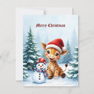 Cartes Pour Fêtes Annuelles Girafe de caricature mignonne avec Santa Hat & Sno