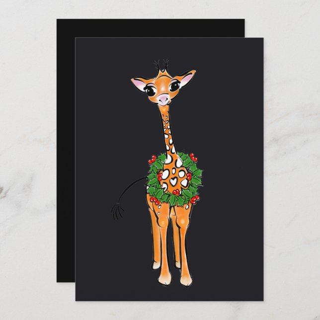 Cartes Pour Fêtes Annuelles Girafe de Noël avec couronne Holly (Devant / Derrière)
