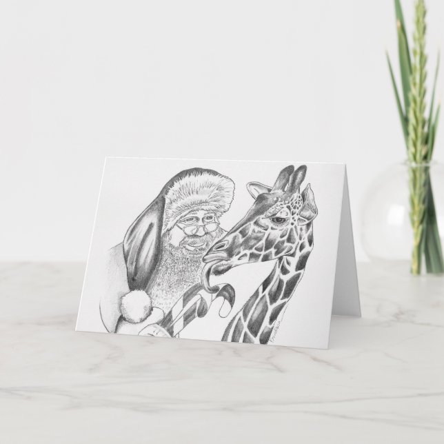 Cartes Pour Fêtes Annuelles Giraffe de Noël et Père Noël (Devant)