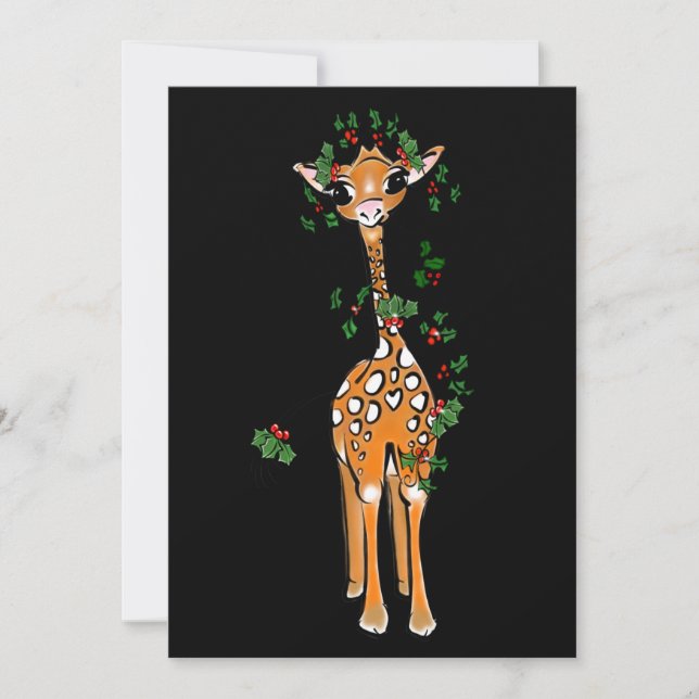 Cartes Pour Fêtes Annuelles Giraffe de Noël festive, guirlande verte rouge (Devant)