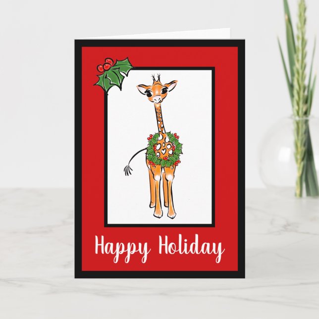Cartes Pour Fêtes Annuelles Giraffe Festive avec couronne de baies Holly (Devant)
