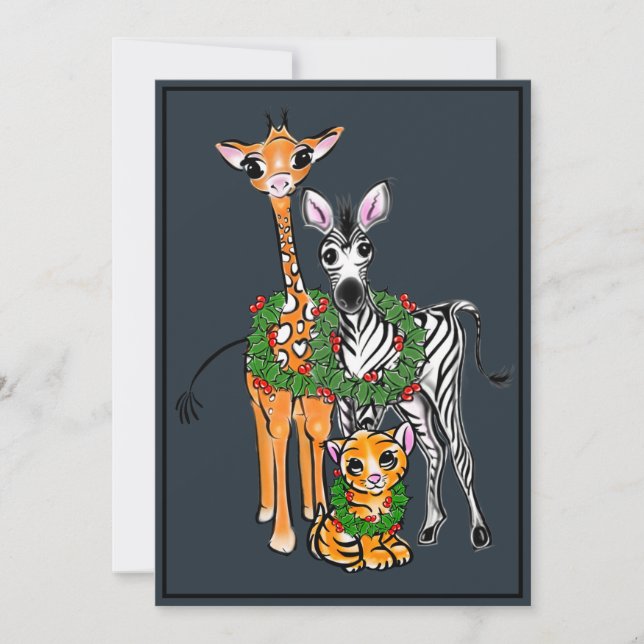 Cartes Pour Fêtes Annuelles Giraffe Festive Noël, Zèbre, Tigre (Devant)