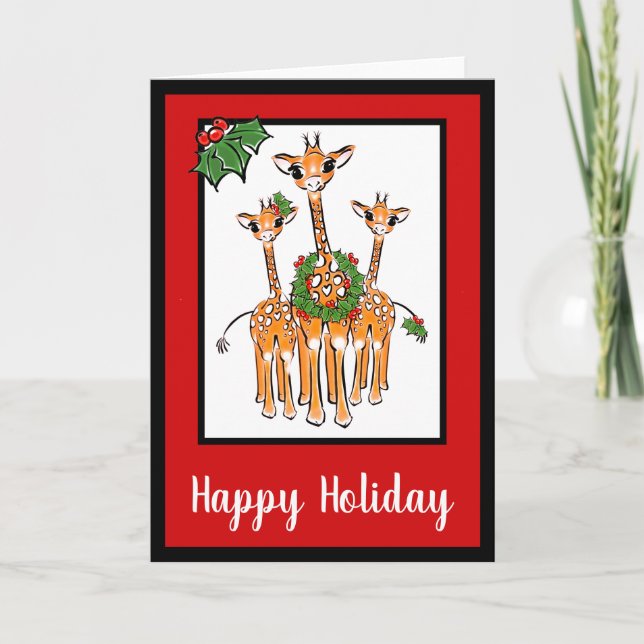 Cartes Pour Fêtes Annuelles Giraffes Festive avec couronne Holly (Devant)